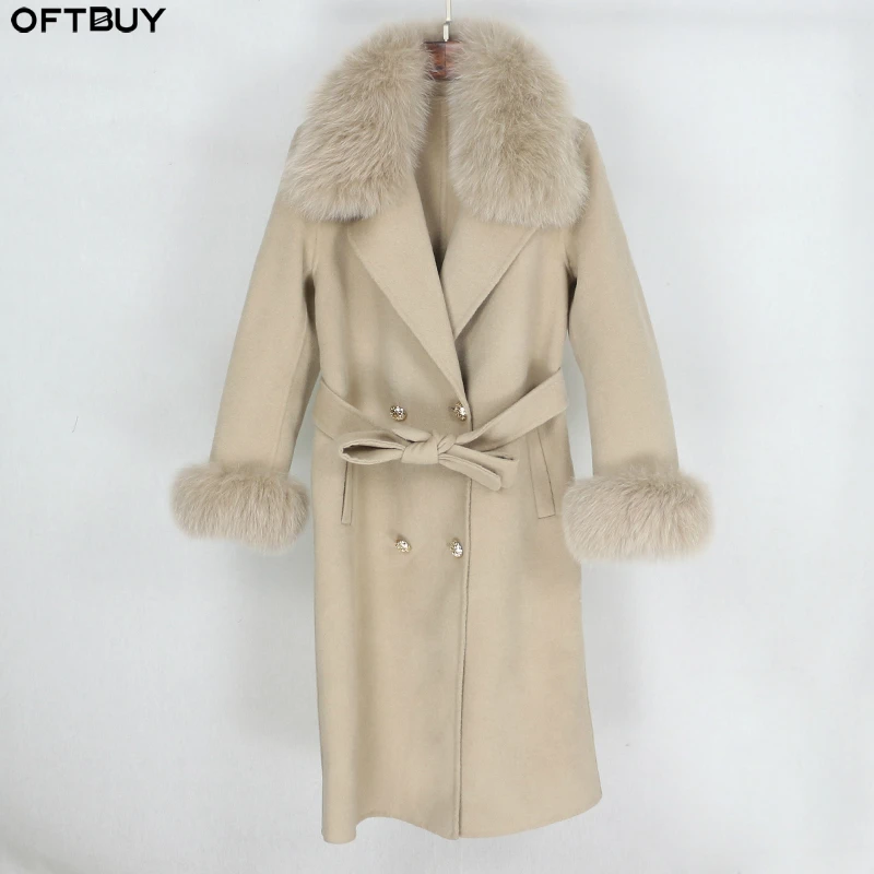 

OFTBUY 2021 Double Breasted Cashmere Wool Blends Real Fur Coat Winter Jacket Women Natural Fox Fur Collar and Cuffs Streetwear