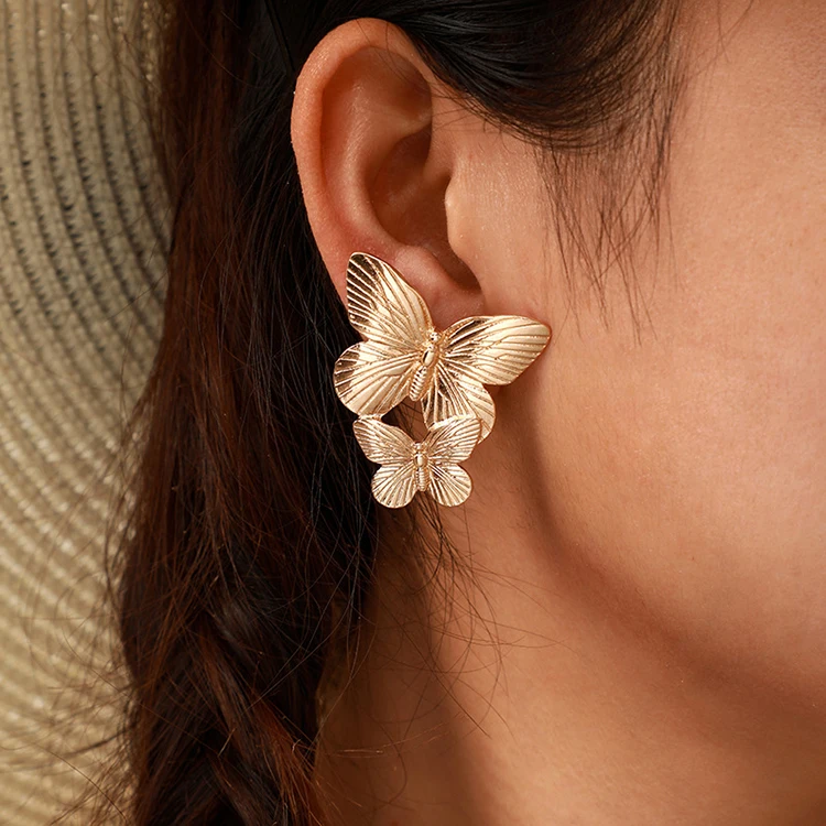 

Fashion new creative vintage christmas big statement alloy double gold butterfly jewelry stud earrings for women, 1 color
