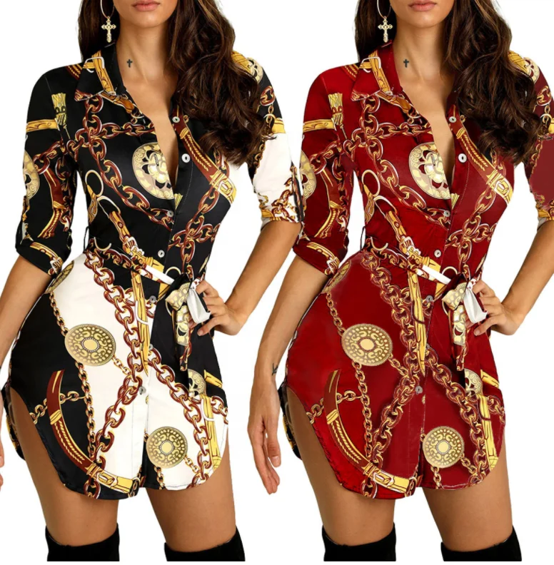

2021 Fashion Half Sleeved Sexy Plus Size Women Chain Button Dress With Belt Shirt Color Block Geometric Print Dresses For Woman, Picture color