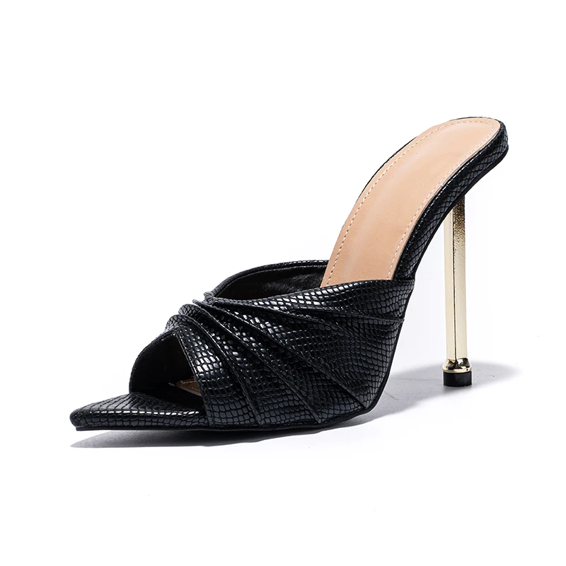 

2022 New Mule High Heels Women's Slippers Sexy Peep Toe Fashion Pleated Snake Print Pumps Slides Party Shoes heels Woman