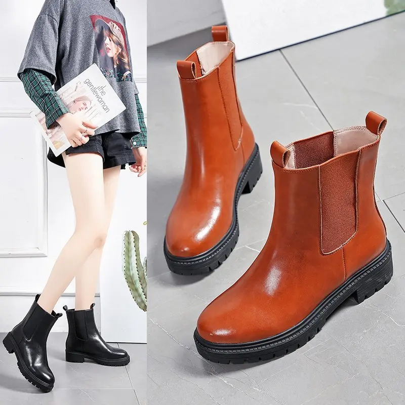 

Top Quality Cow Leather Ladies Western Boots Women Girl Black Platform Chelsea Ankle Boots