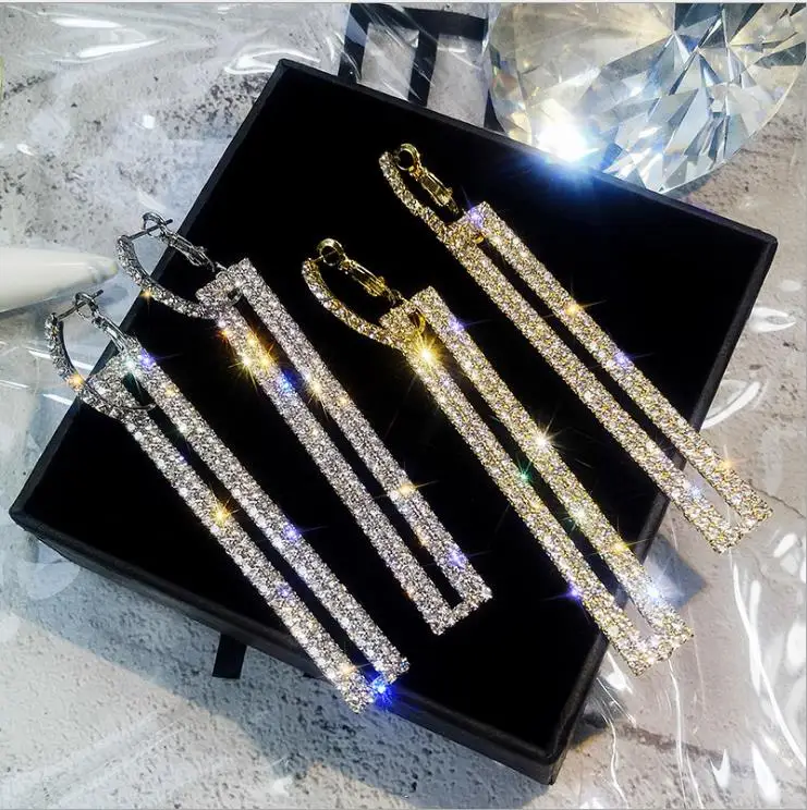 

Women Drop Earring Rhinestone Charm Earrings Gold Silver Rectangle Earring