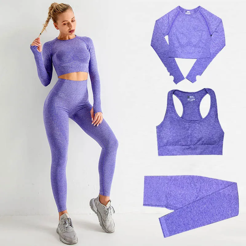 

Wenzhe New product fitness sports yoga wear three-piece bra long-sleeved trousers seamless gym yoga wear suit tights