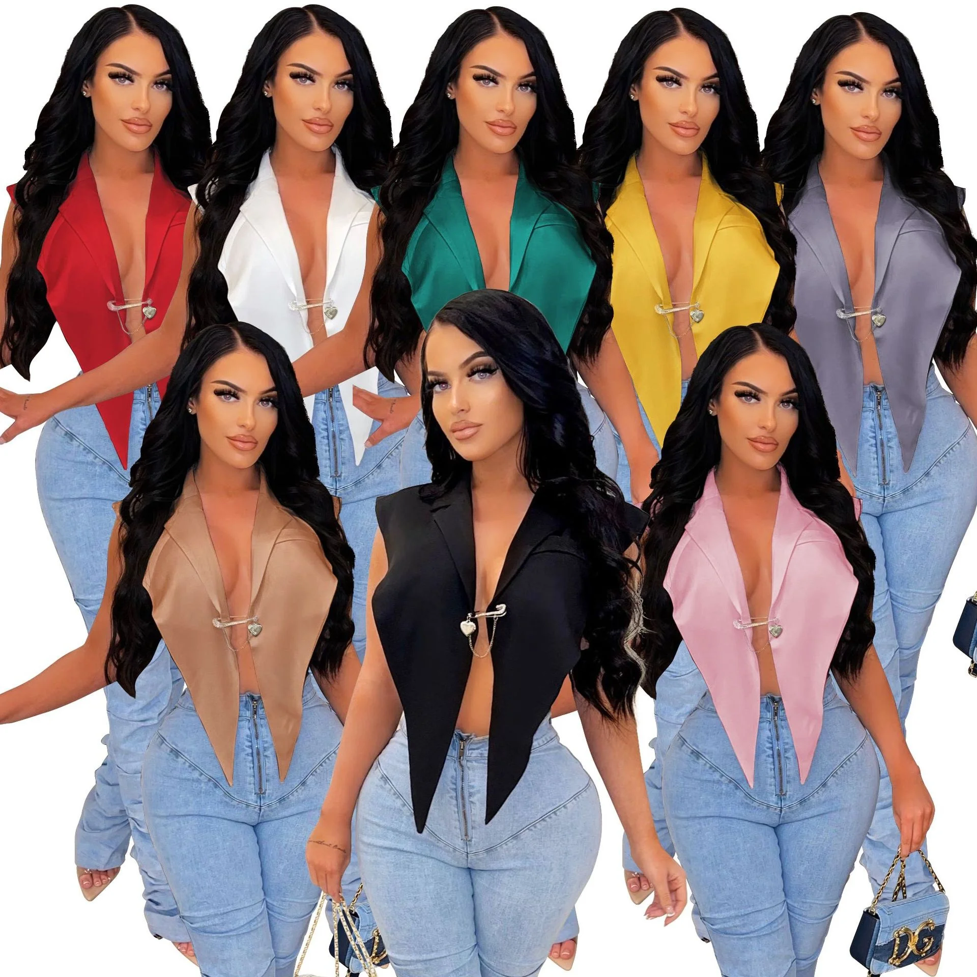

LANOZY 2022 New Trend Sexy Solid Color Splicing Turn Down Collar Crop Top Women Summer Blazers Tank Tops, Eight colors