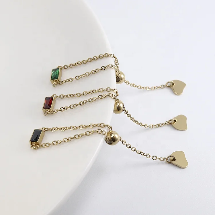 

Fashion stainlesss steel adjustable link chain baguette cz ring for women