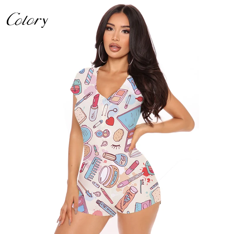 

Colory Stripe Jumpsuit Short Women Sexy Onsie Pajamas, Picture shows