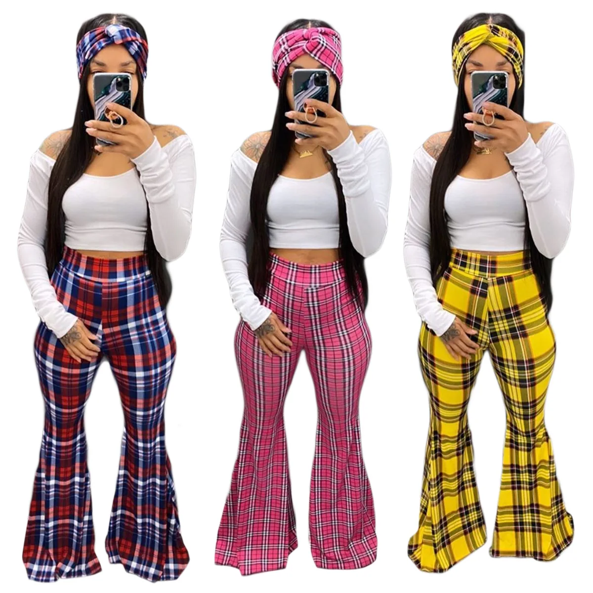 

Fall 2020 women clothes mid waist full-length casual plaid women's flare pants, Yellow,red,reen,black,pink,light pink,yellow-black