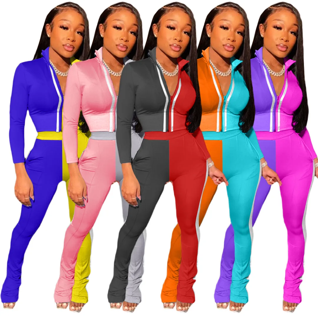 

Women Outfit 2021 Clothing Two Tone Zipper Long Sleeve Sexy Body suit And Pants 2 Piece Sets, Customized color/as show