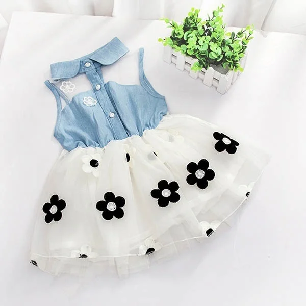 

Summer Baby Girl Floral Mesh Princess Tutu Lace Ruched Dress Denim Tulle Dress outfit for birthday party wedding, Picture shows