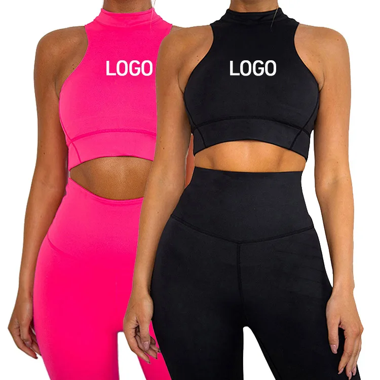 

Custom Logo New Solid Color Fashion 2 Pieces Women Clothing Sexy Yoga Fitness Sport Top Gym Wear Women Yoga Set, Customized colors