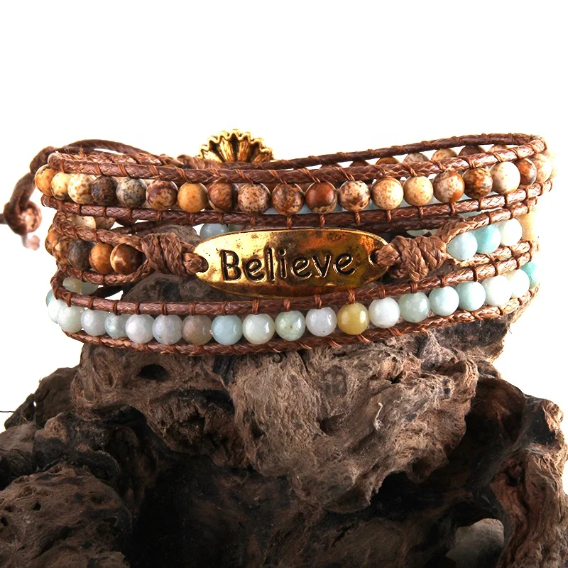 

Boho Armbander Metal Charm Natural Stone Amazonite Bracelet 3 Strands Believe Charm Wrap Bracelets