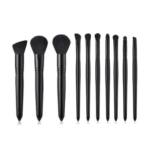 

Private Label Low 10pcs Vegan Synthetic Hair Black Elegant Makeup Brush Set, As pics