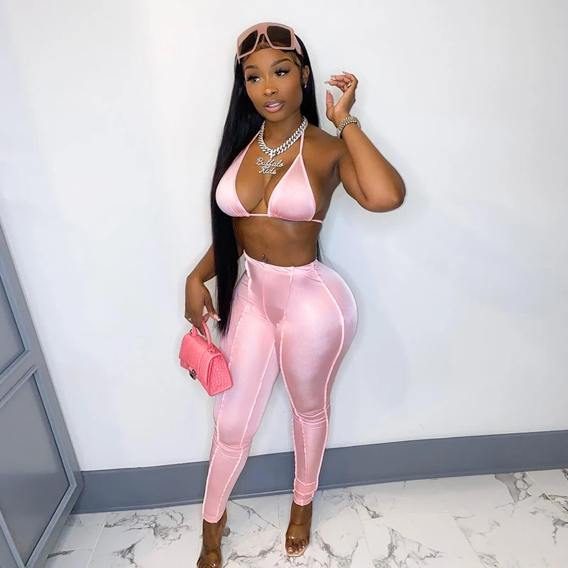 

Bomblook R21ST405 2021 New Arrival Bikini Crop Top High Waist Bodycon Pants Solid Color Two Piece Pants Set Women Activewear