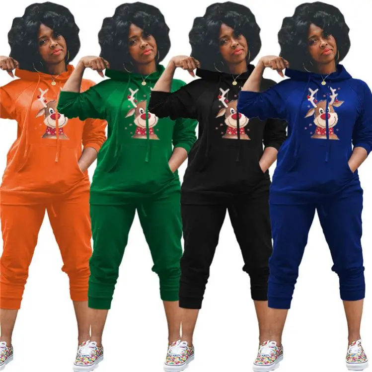 

New Arrival 2021 Solid Color Elk Printing Drawstring Comfy Two Piece Set Tracksuits Women Lounge Wear Sets Two Piece Set Women