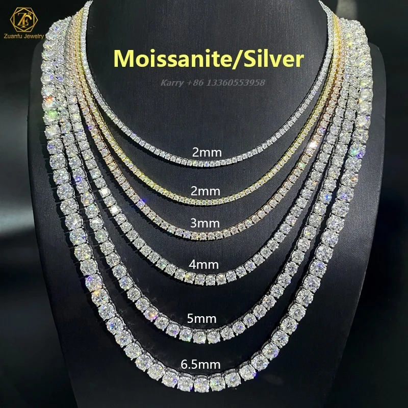 Hot Sale 925 Sterling Silver Tennis Chain VVS Moissanite Diamond 2mm-6.5mm Hip Hop Style Necklace Bracelet Jewelry Gifts