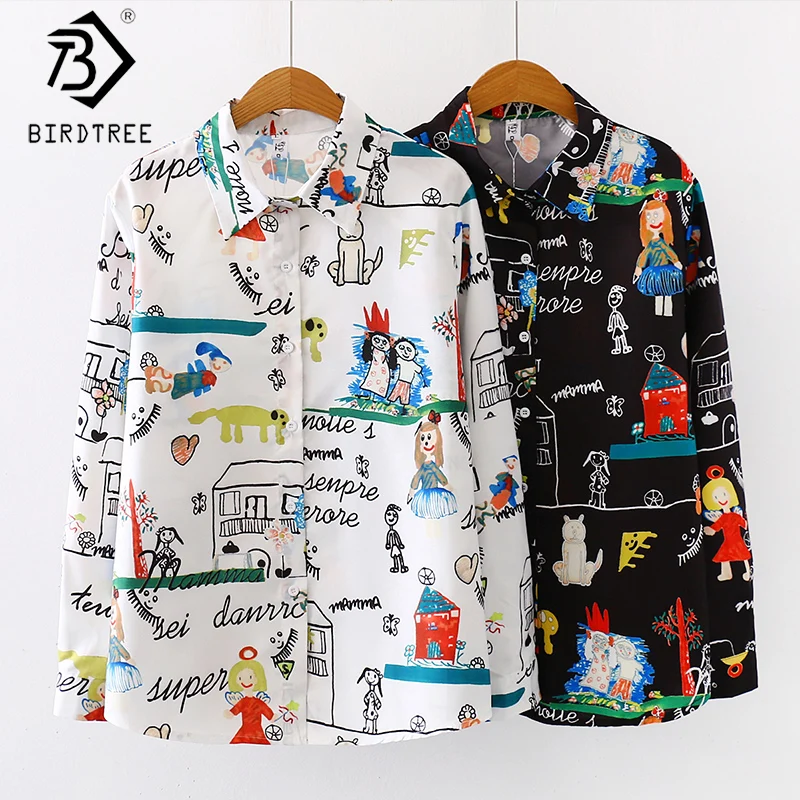 

Japanese Korean Blouse For Women Cute Print Cartoon Graffiti Chiffon Shirt Loose Long Sleeve Tops Women Clothing T09903W, Shown