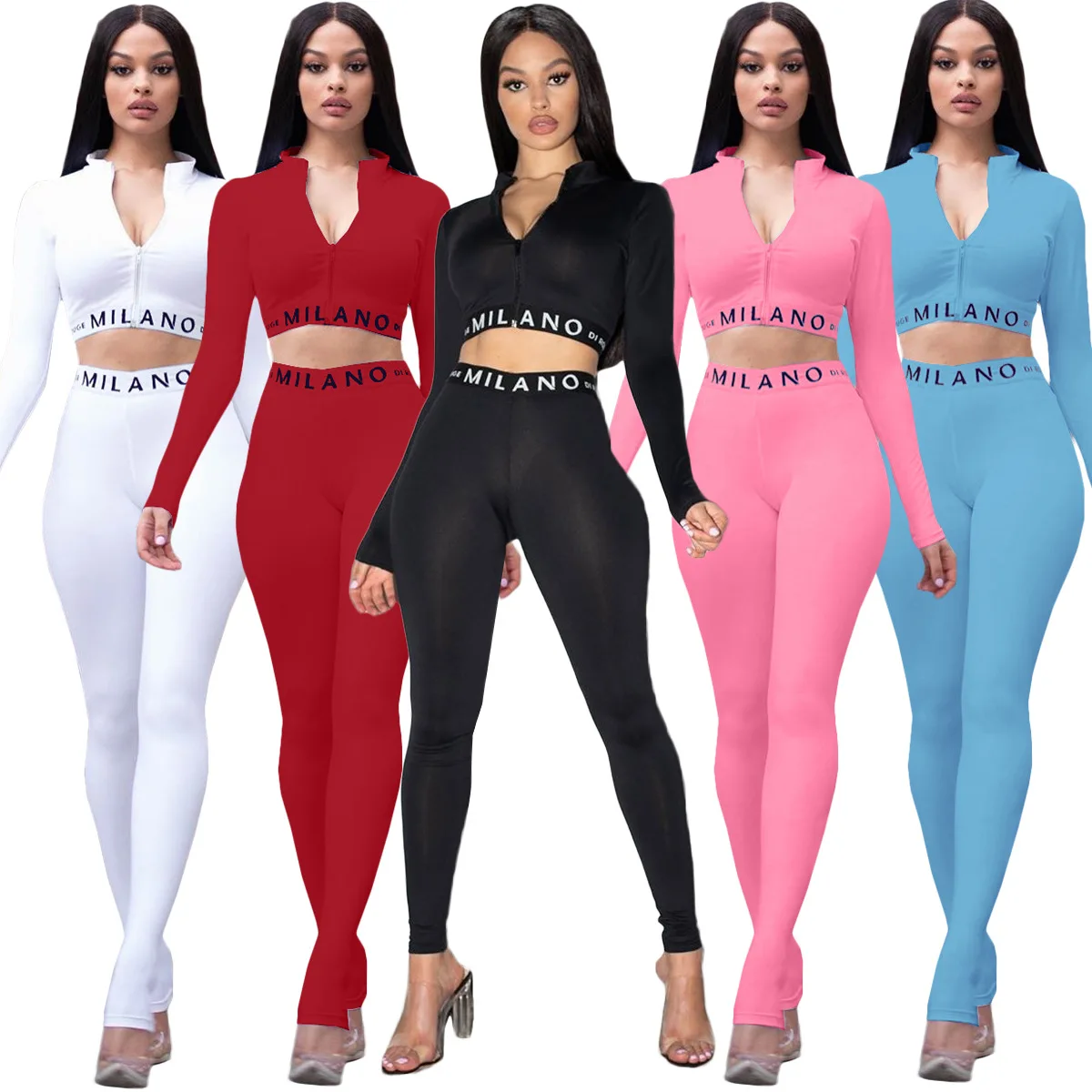 

Foma-ALS209 2020 autumn women clothing solid zipper long sleeve t-shirt ladies trousers high waist pants two piece set