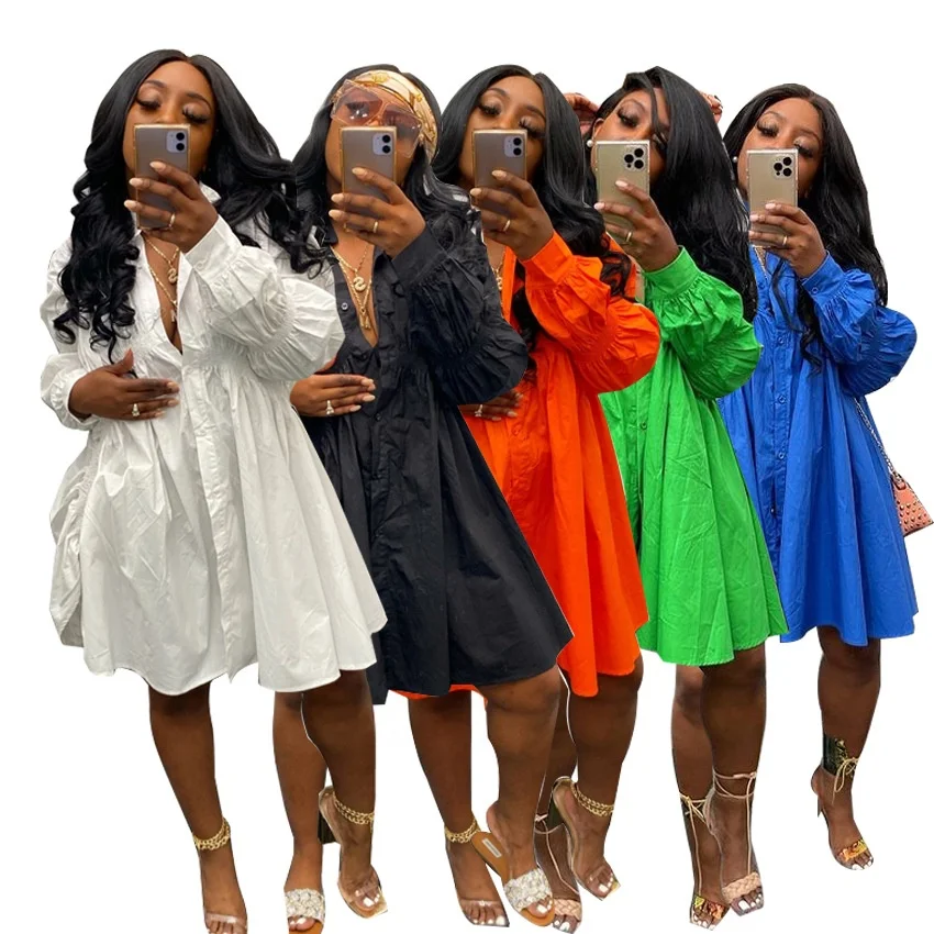 

LW-YW0407 Women puff sleeve autumn fall shirt dress long sleeve blouse dress