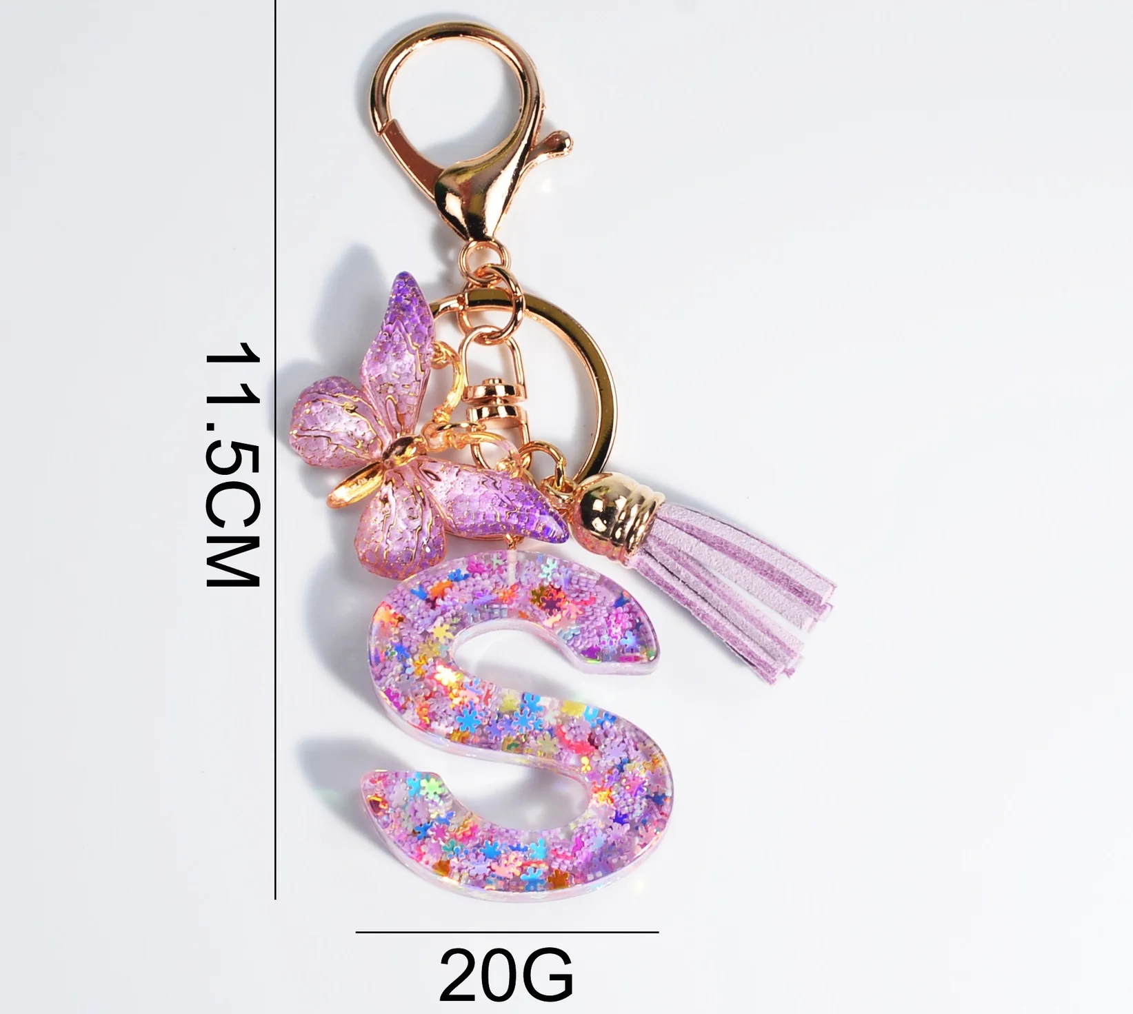 

Purple Snowflake Alphabet Resin Epoxy Alphabet Key Chain Hanging Bag Chain 26pcs English Tassel Butterfly Keychain for Girls