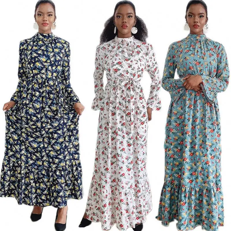 

Fashionable Printed Flower dress with Ruffles Hem, Long sleeve Summer Loose dresses Islamic Clothing, Black,white,green