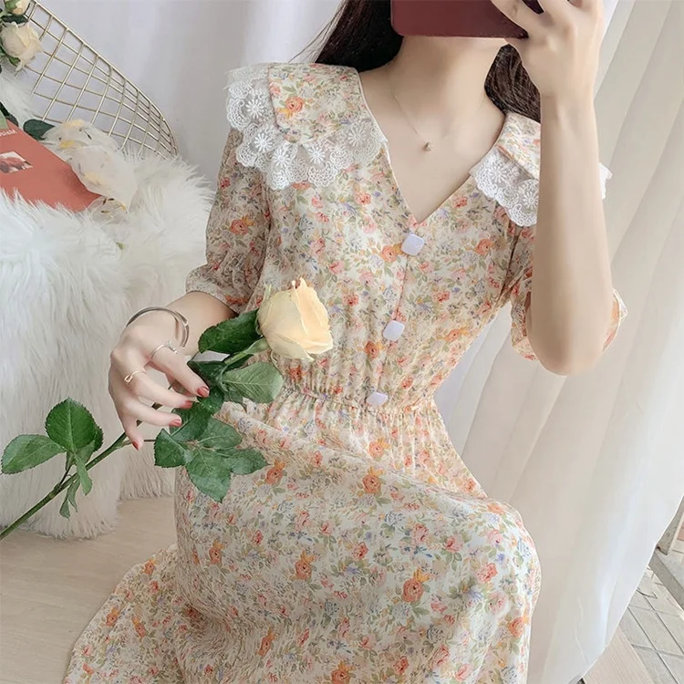 

2021 Summer floral dress female mid-length autumn mid-sleeve ruffled dress, Picture color
