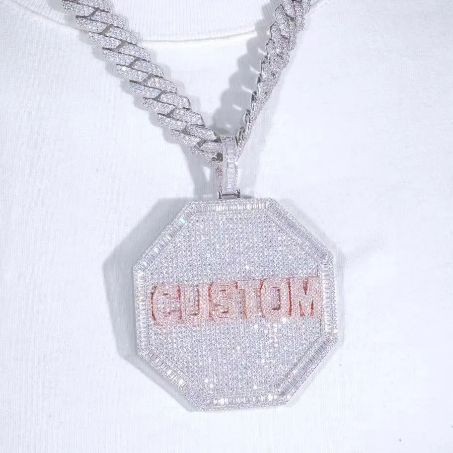 

Iced Out Bling CZ Lab Diamond Name Plate Pendant Jewelry Customized Big Size Octagon Disk Pendant Necklace, Picture