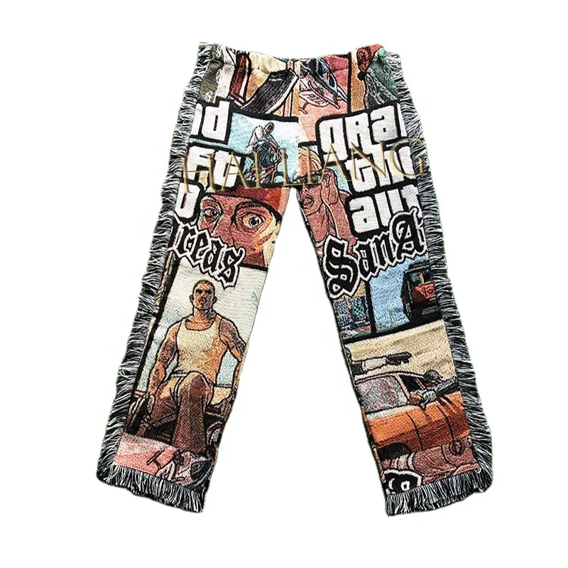 

New Fashion Streetwear Custom Tapestry Pants Tassel Fringe Design Widely And Baggy Trousers For Men