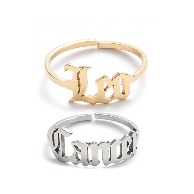 

Gold Plated New Stainless Steel Zodiac Adjustable Rings English Words 12 Horoscopes Open Ring For Women