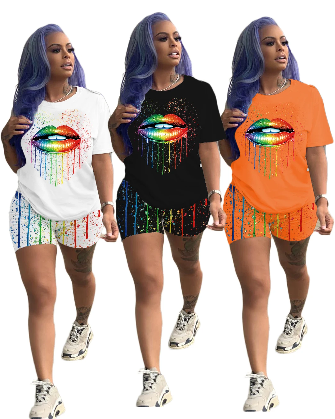 

Summer new women's fashion casual print lip print short sleeve two piece set leisure sports two piece set