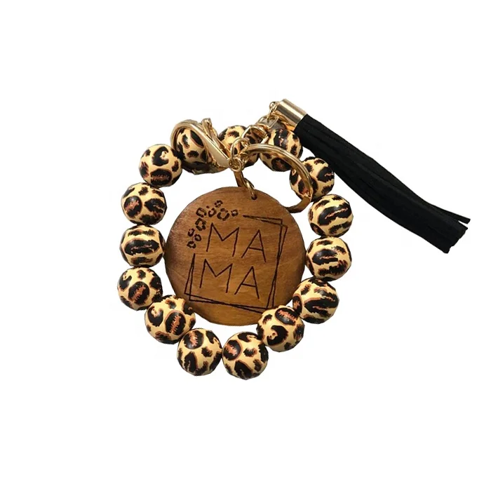 

Free Shipping New Arrival Mothers' Day Gift MAMA Leopard Keychain Wooden Beaded Bracelet Keychain with Tassels, Accept customized colors