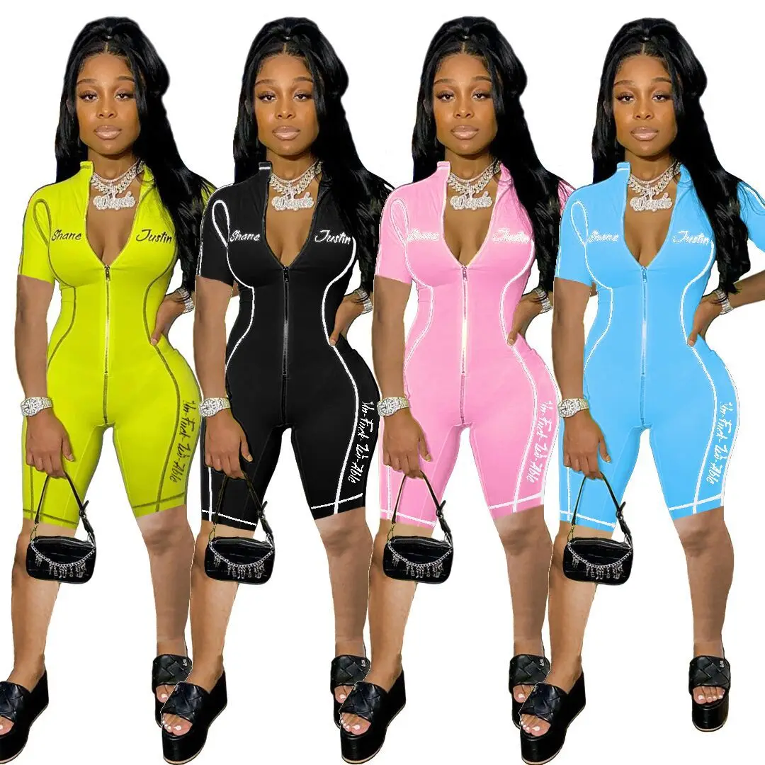 

Fashion Fitness Sportwear Slim Rompers Front Zipper Women Bodycon Jumpsuits short Sleeve Clothing, Multi color