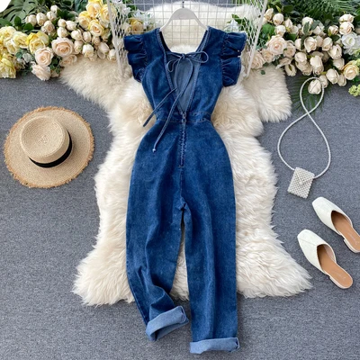 

2020 Latest Design Women Fashion Wide Leg Long Denim Jumpsuits