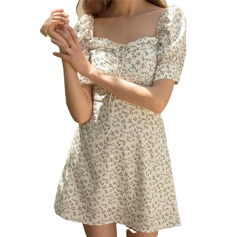 

Small Floral Dress For Women 2020 Summer New Korean Style Retro Square Collar Pleated Lace-Up Bubble Sleeve A- Line Skirt