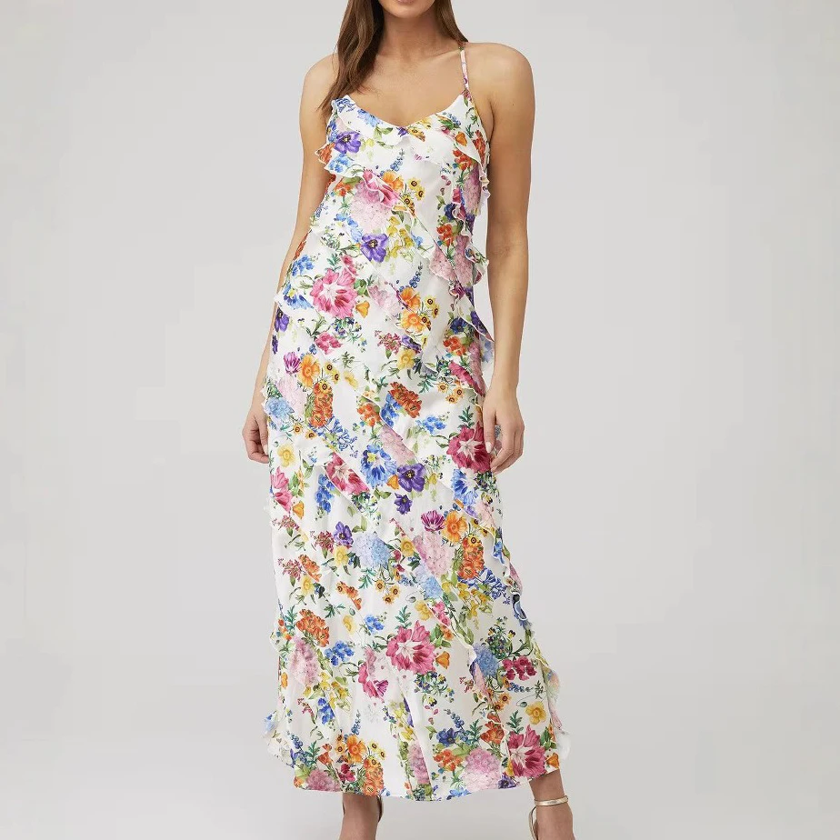 V Neck Floral Suspender Beach Dress