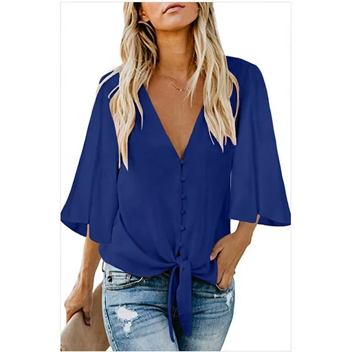 

Wholesale Women Fashion Short Sleeve Slim-Type V-Neck Solid Bow Shirt, As picture