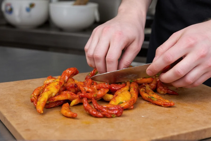 Chef's hands preparing traditional Italian dish featuring Calabrian chilies in a professional kitchen setting
