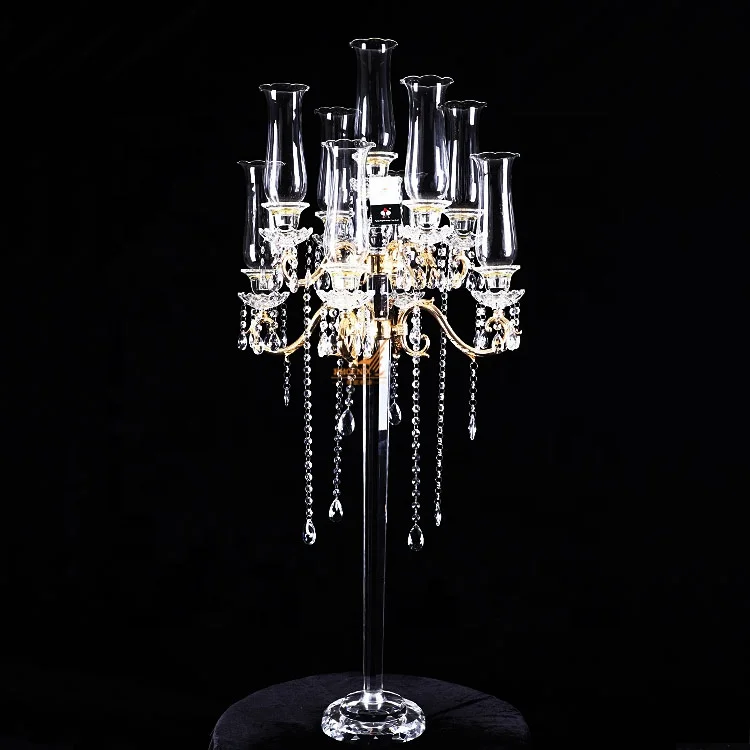 European Tall 9 Arm Crystal Clear Candelabra Wholesale Metal Gold