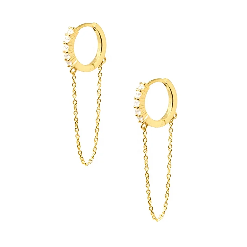 

KSRA 925 Sterling Silver Jewelry Clear Stone Hoop Huggie Chain Tassel Earrings For Women, Gold and silver