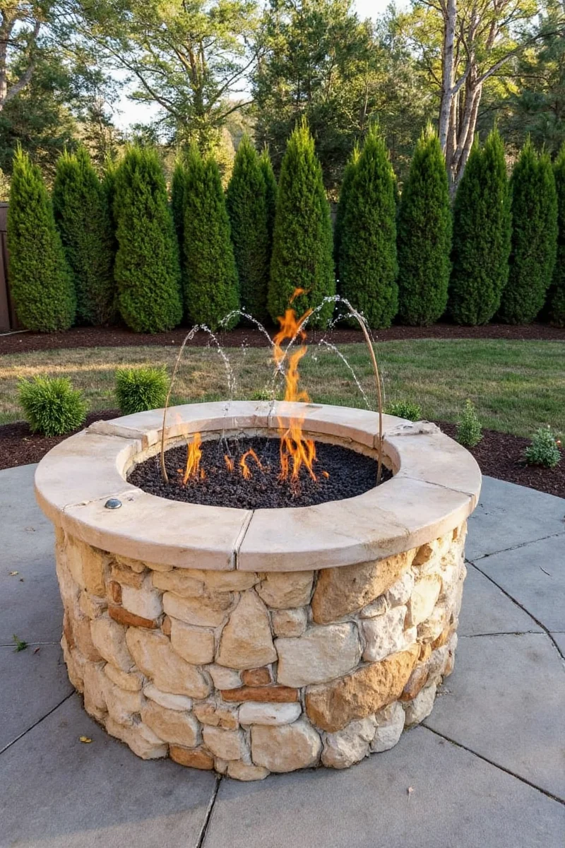 Close-up of contained flame feature in a fountain fire pit combo