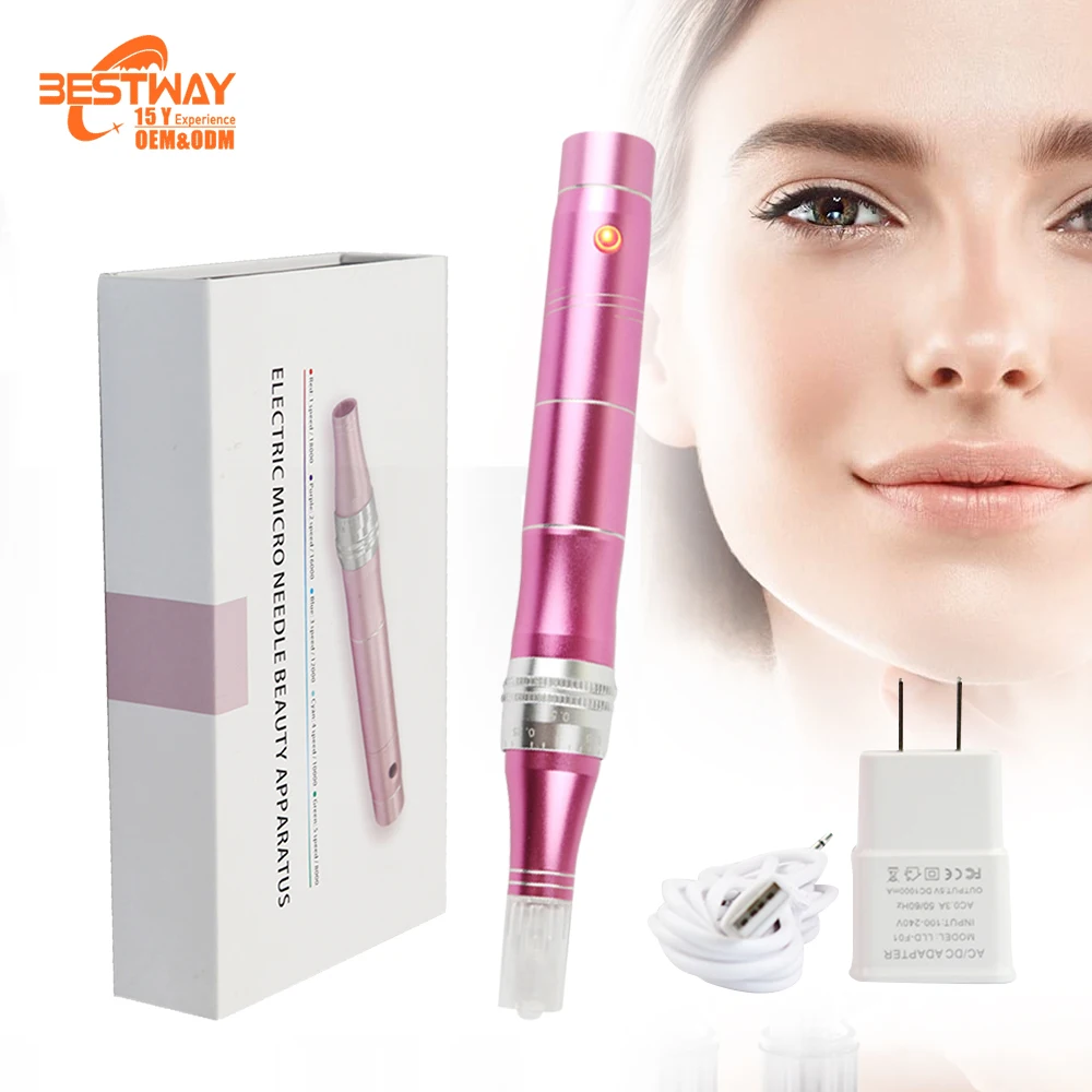 

Rechargeable Needle Product Needless Needles Electric Tattoo Rezenerate Nanofacial Tips No Nano Original Derma Pen, Pink