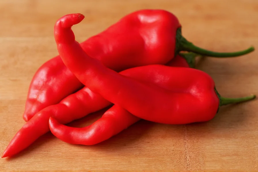 Close-up photograph of red Fresno peppers showing their conical shape, glossy skin, and vibrant red color against a wooden cutting board