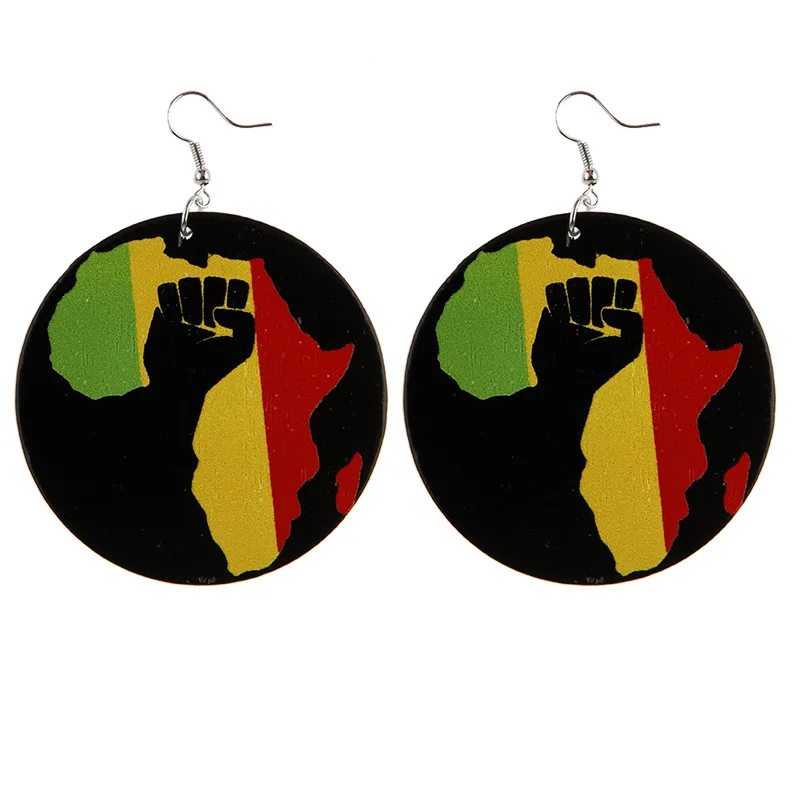 

2021 New Style Simple Round Wood Earrings African Map Printed Wooden Earrings For Girl Gifts