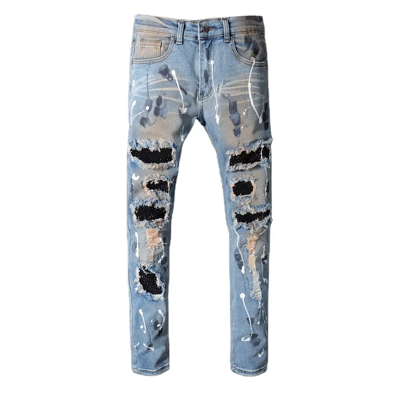 

Rts for Drop shipping 523 Distressed Ripped Patched Biker Rhinestones Splash Splatter Jeans men