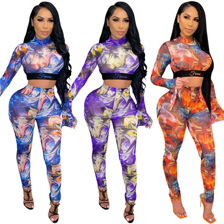 

D95949 Casual Fashion Women Clothing Digital Mesh Printing Flare sleeve Womens Two Piece Set