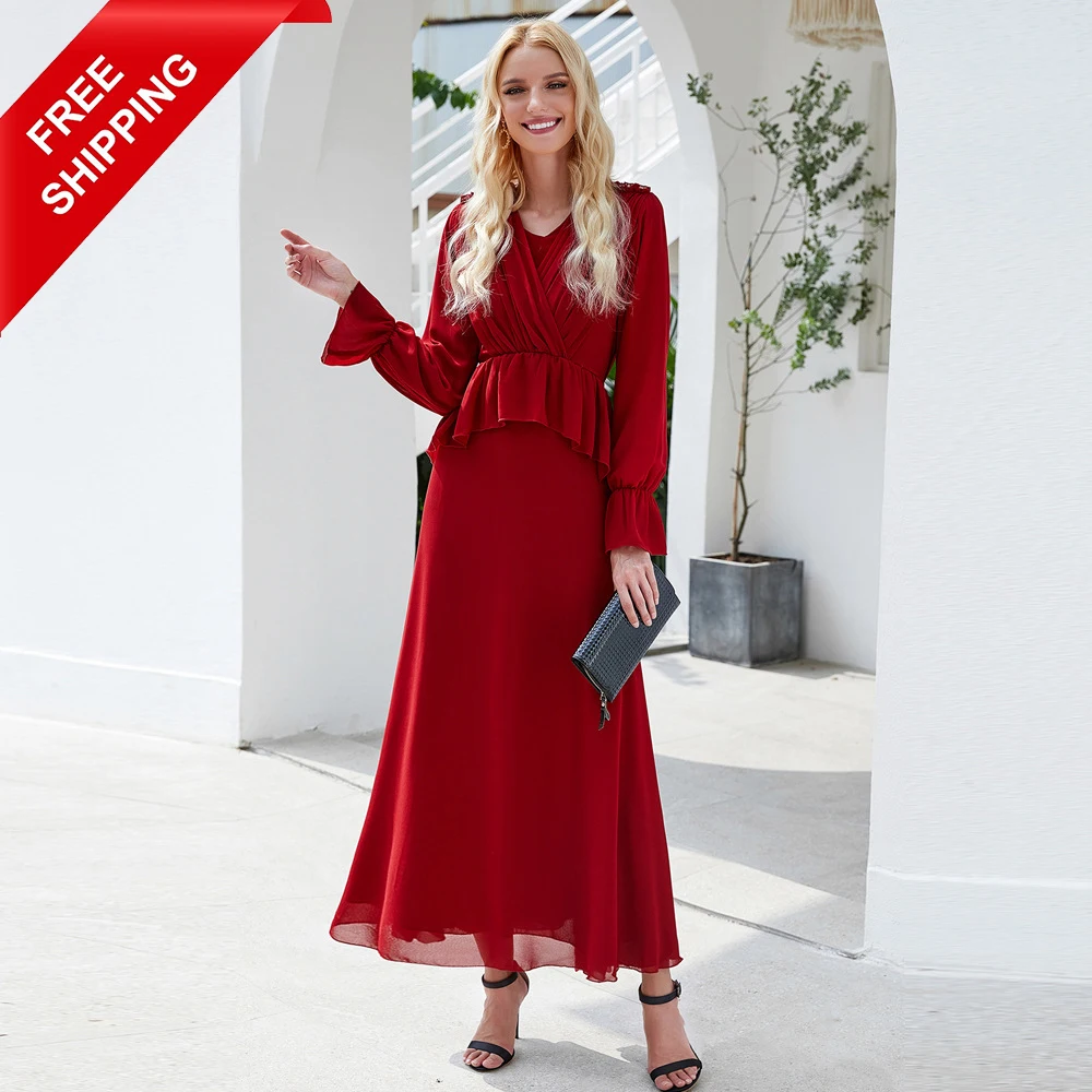 

FREE SHIPPING 2020 New Designs Dubai Double Chiffon Elastic Cuffs Dummy Two Pieces Muslim Islamic Women Abaya Dresses Clothing, Wine red