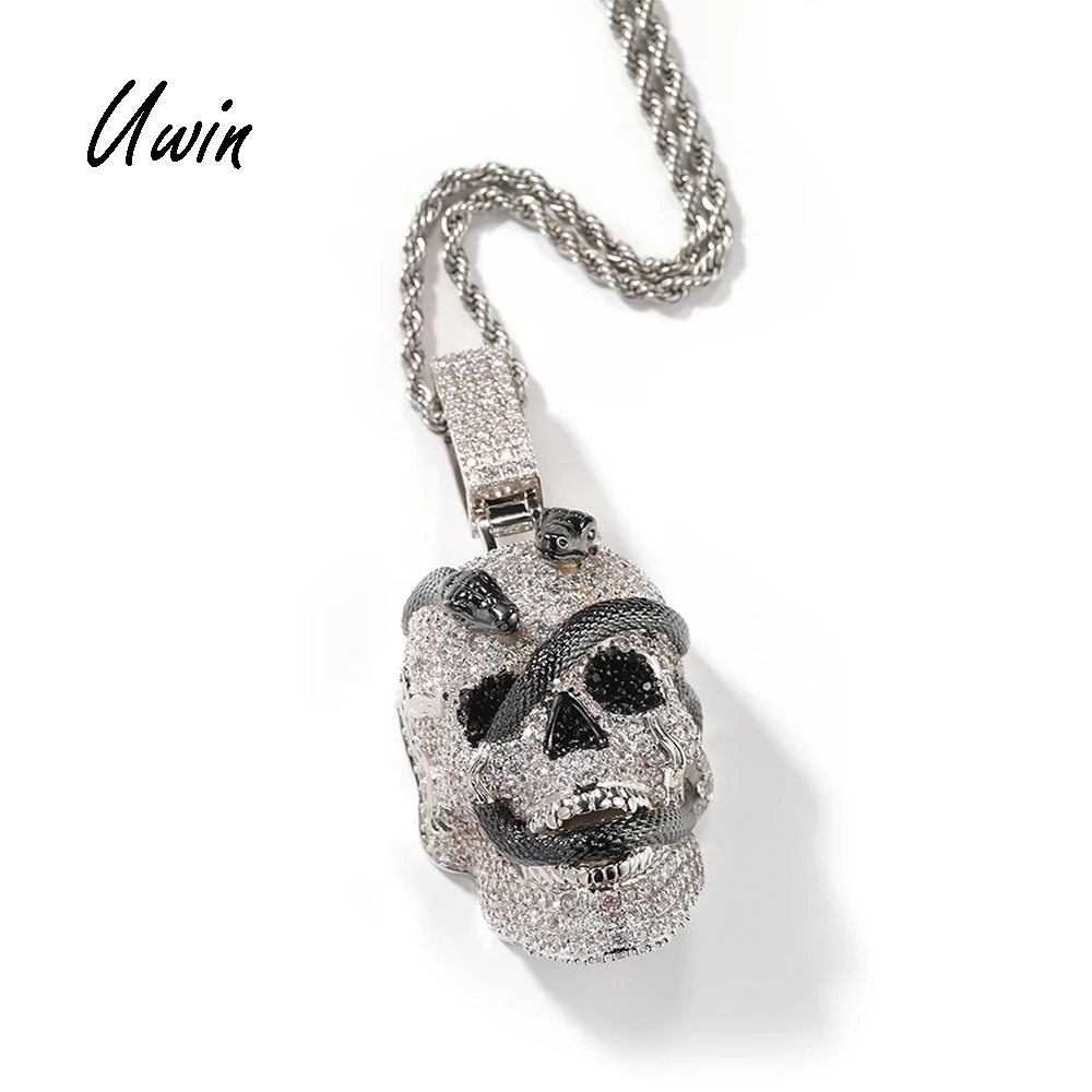 

UWIN 2022 New Arrival Hiphop Silver Skull Pendant Black Snake CZ Necklace Bling Skull Rapper Pendant for Women Man