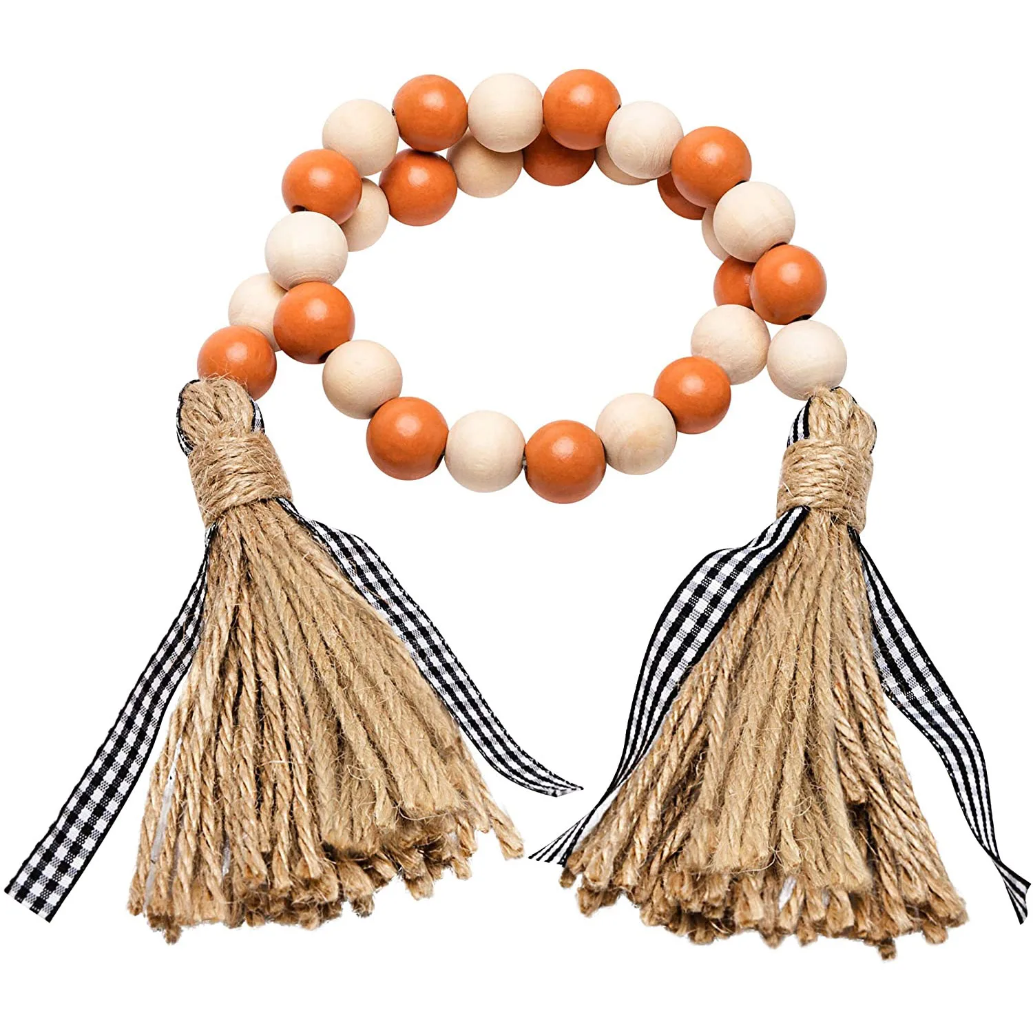 

High Quality Farmhouse Rustic Wooden Prayer Bead String with Jute Rope Plaid Tassel for Tray Decoration Natural Fall Decor