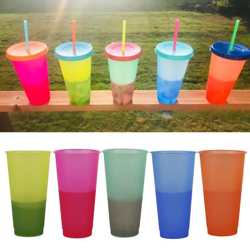 

700ML PP Temperature Magical Change Cups Colorful Cold Color Changing Coffee Cup Mug Water Bottles With Straws