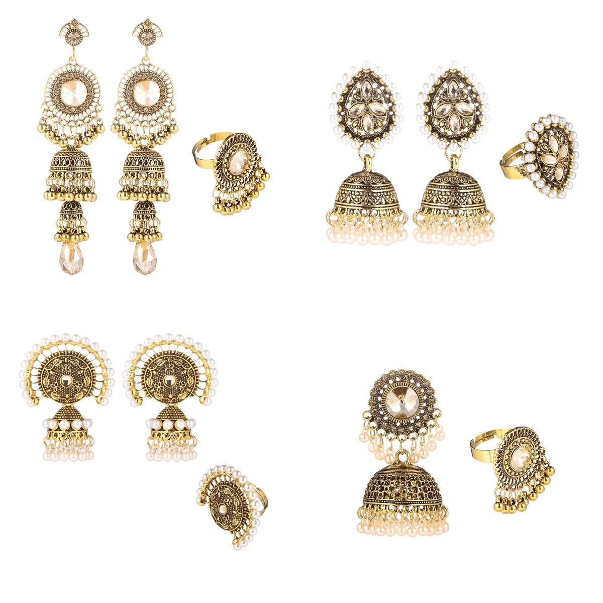 

Luxury Retro Gemstone Gold Silver Plated Bell Wedding Jewelry Set Traditional Indian Jhumka women Earring And Ring Sets