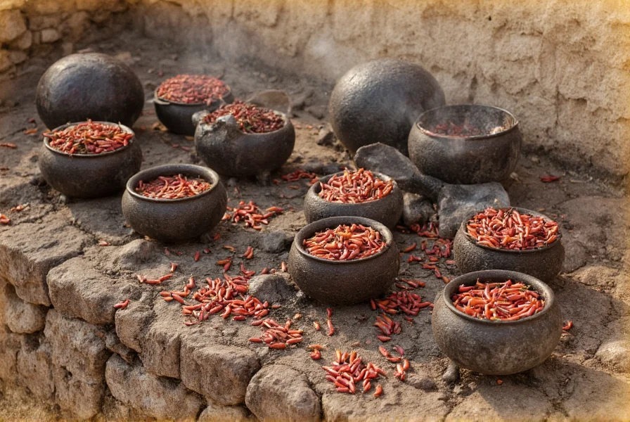 Historical photograph showing traditional chili preparation methods with dried chili peppers and cast iron pots